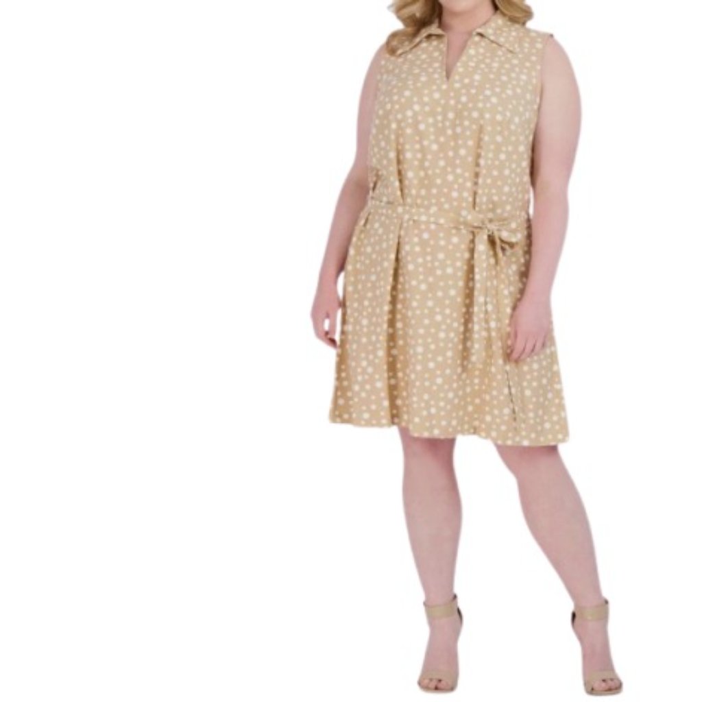 Signature Robbie Bee Womens Tie Waist Popover Shirt Dress Tan Polka Dot Xl New